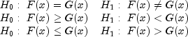 begin{array}{ll}
H_0:~ F(x) = G(x) & H_1:~F(x) ne G(x) \
H_0:~ F(x) ge G(x) & H_1:~F(x) lt G(x) \
H_0:~ F(x) le G(x) & H_1:~F(x) gt G(x)
end{array}