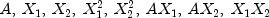 A,: X_1,: X_2,: X_1^2,: X_2^2,: A X_1,: A X_2,: X_1 X_2