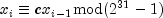 x_i equiv c x_{i-1} {rm mod} (2^{31}-1)