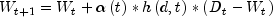 {W_{t + 1}} = {W_t} + alpha left( t right) * hleft( {d,t} right) * left( {{D_t} - {W_t}} right)