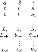 begin{array}{ccc}hatalpha&hatbeta&
             hatgamma\0&0&S_1\0&0&S_1\vdots&vdots&vdots\L_s&b_s&S_s\
             L_{s+1}&b_{s+1}&S_{s+1}\vdots&vdots&vdots\L_N&b_N&S_N
             end{array}