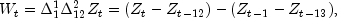 W_t=\Delta_1^1\Delta_{12}^2Z_t=(Z_t-Z_{t-12})- (Z_{t-1}-Z_{t-13})\rm{,}