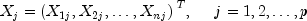 X_j = {(X_{1j}, X_{2j}, dots, X_{nj})}^T,
          ;;;;; j = 1,2, dots, p