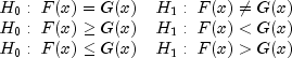 begin{array}{ll}
         H_0:~ F(x) = G(x)   & H_1:~F(x) ne G(x) \
         H_0:~ F(x) ge G(x) & H_1:~F(x) lt G(x) \
         H_0:~ F(x) le G(x) & H_1:~F(x) gt G(x)
     end{array}