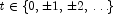 t \in \left\{ {0, \pm 1,\, \pm 2,\, \ldots } \right\}