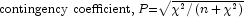 {\rm{contingency \,\,coefficient, \,\,}} 
            P{\rm{  =  }}\sqrt {\chi ^2 /\left( {n + \chi ^2 } \right)}