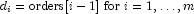 d_i = {\rm {orders}} [i - 1] \,\, {\rm{for}} \,\, i = 1, \dots, m