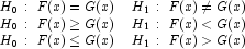 \begin{array}{ll}
            H_0:~ F(x) = G(x)   & H_1:~F(x) \ne G(x) \\
            H_0:~ F(x) \ge G(x) & H_1:~F(x) \lt G(x) \\
            H_0:~ F(x) \le G(x) & H_1:~F(x) \gt G(x)
            \end{array}