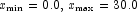 x_{\min}=0.0,\, x_{\max}=30.0