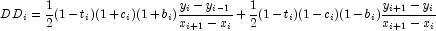 
            DD_i = \frac{1}{2}(1-t_i)(1+c_i)(1+b_i)\frac{y_i-y_{i-1}}{x_{i+1}-x_i}+\frac{1}{2}(1-t_i)(1-c_i)(1-b_i)\frac{y_{i+1}-y_i}{x_{i+1}-x_i}
            