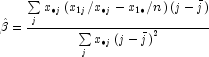 \hat \beta  = \frac{{\sum\limits_j {x_{ 
            \bullet j} \left( {x_{1j} /x_{ \bullet j}  - x_{1 \bullet } /n} 
            \right)\left( {j - \bar j} \right)} }}{{\sum\limits_j {x_{ \bullet j} 
            \left( {j - \bar j} \right)^2 } }}