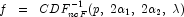 f\;\;=\;\;CDF_{ncF}^{-1}(p,\;2\alpha_1,\;
            2\alpha_2,\;\lambda)