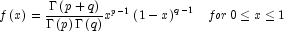 f\left( x \right) = \frac{{\Gamma \left( 
            {p + q} \right)}}{{\Gamma \left( p \right)\Gamma \left( q 
            \right)}}x^{p - 1} \left( {1 - x} \right)^{q - 1\,\,\,\,} \,\, 
            for\,0 \le x \le 1