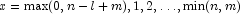 x = {\rm max}(0, n - l + m), 1, 2, \ldots, 
            {\rm min}(n, m)