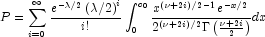 P=\sum\limits_{i=0}^\infty{\frac{e^{
            -\lambda/2}\left(\lambda/2\right)^i}{i!}}\int_0^{c_{0}}{\frac{x^{
            \left(\nu+2i\right)/2-1}e^{-x/2}}{2^{\left(\nu+2i\right)/2}{\Gamma
            \left(\frac{\nu+2i}{2}\right)}}}dx